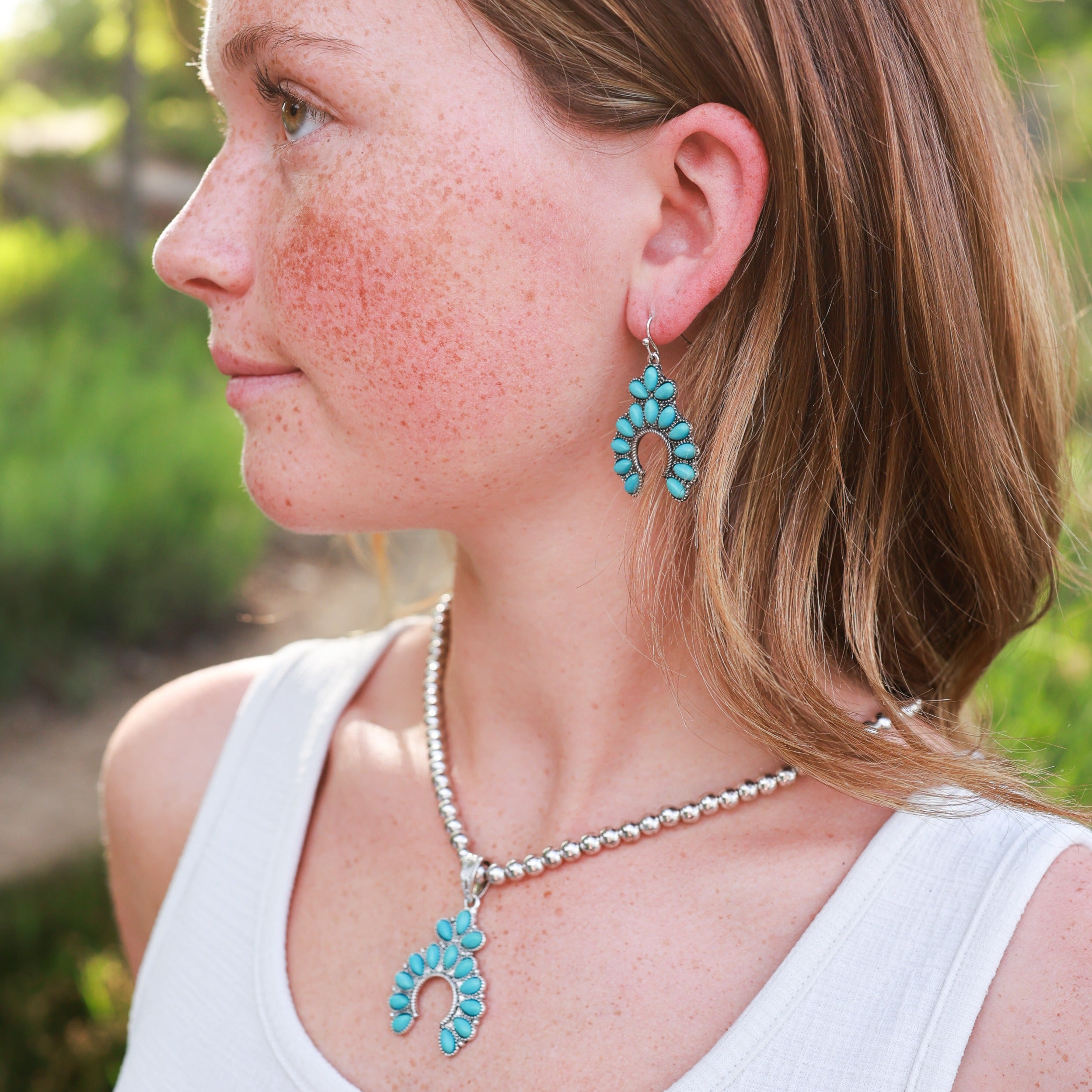 Stone Set Squash Blossom Necklace Set - Turquoise, Ivory, Denim Blue-Wyo-Horse
