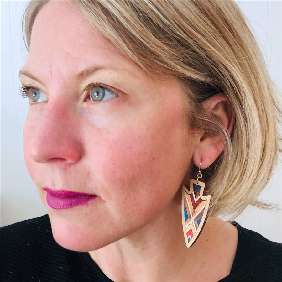 Arrowhead Chevron Wood Earrings - Natural and Red