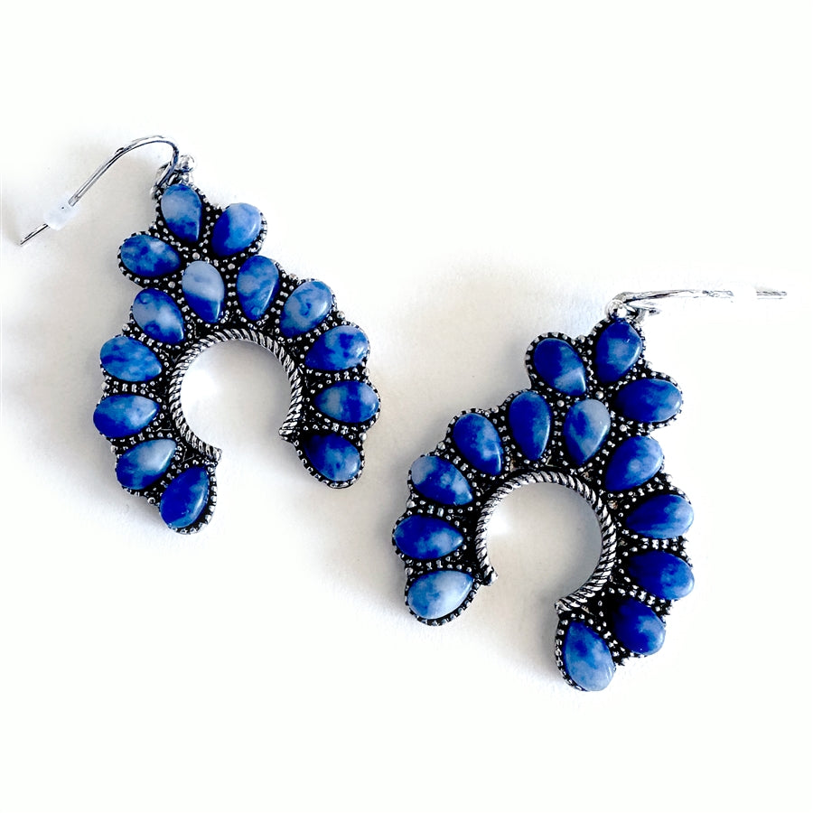 Stone Set Squash Blossom Earrings - Ivory, Turquoise and Denim Blue