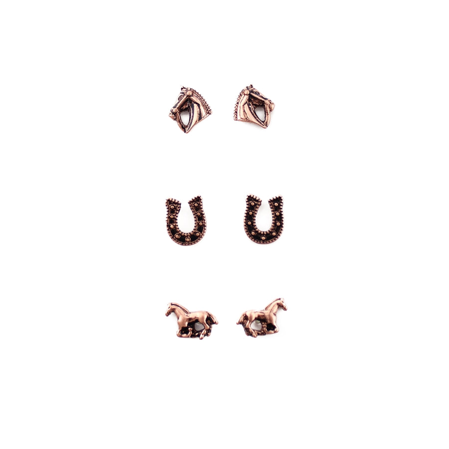 Set of Three Horse Earrings - Copper, Patina, Gold or Silver