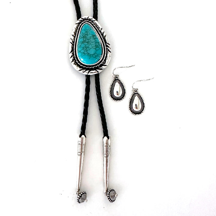 Turquoise Centered Bolo Tie Necklace Set - Wyo-Horse - cheap cowgirl western fashion jewelry
