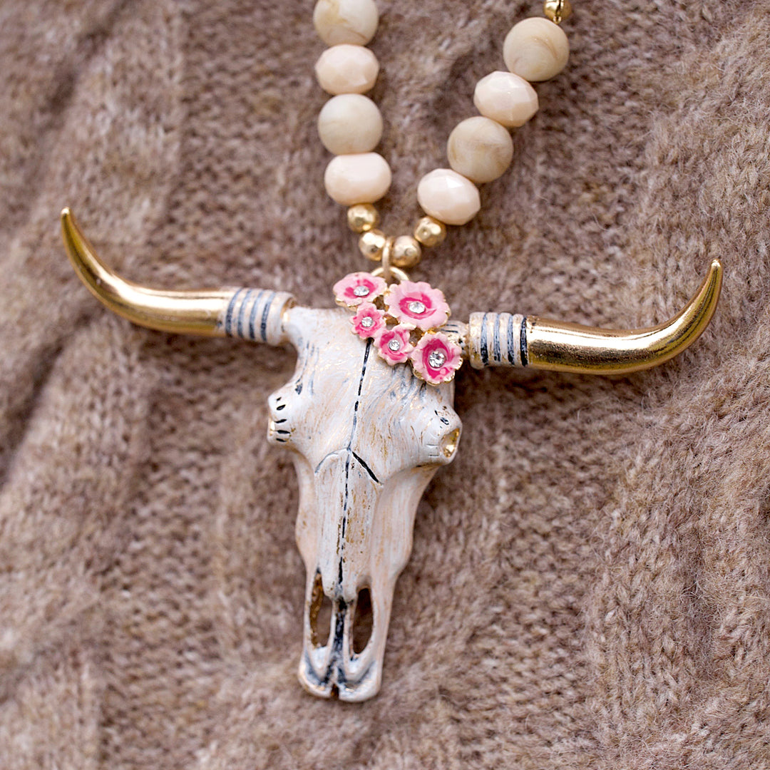 Steer Skull Pendant with Beaded Chain Set - Natural-Wyo-Horse