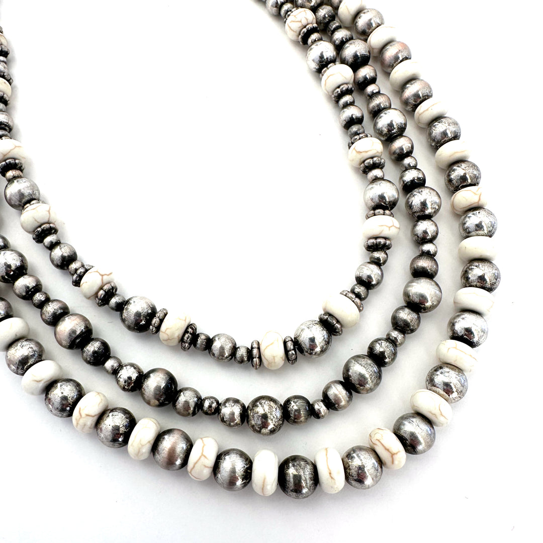 Triple Strand Stone and Silver Bead Necklace 16" - 4 Color Options - Package (3)-Wyo-Horse