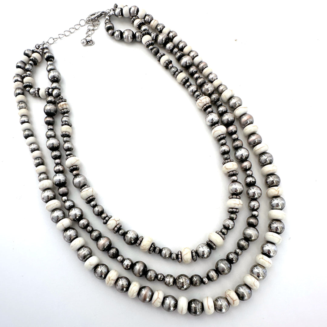 Triple Strand Stone and Silver Bead Necklace 16" - 4 Color Options - Package (3)-Wyo-Horse