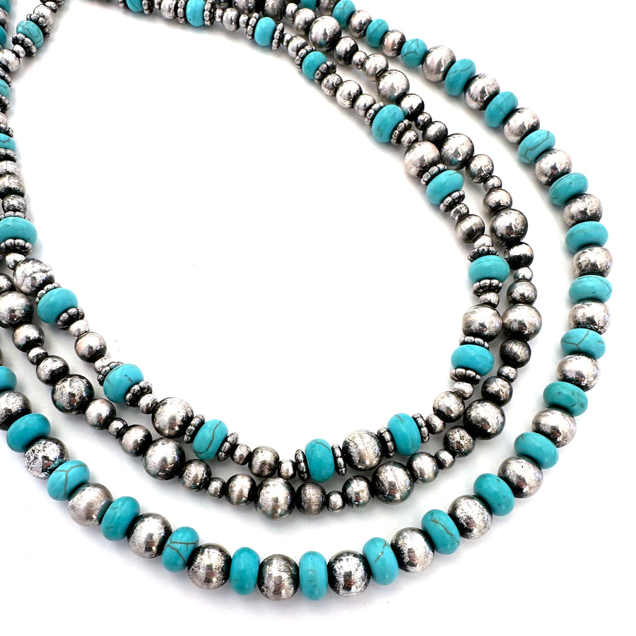 Triple Strand Stone and Silver Bead Necklace 16" - 4 Color Options - Package (3)-Wyo-Horse