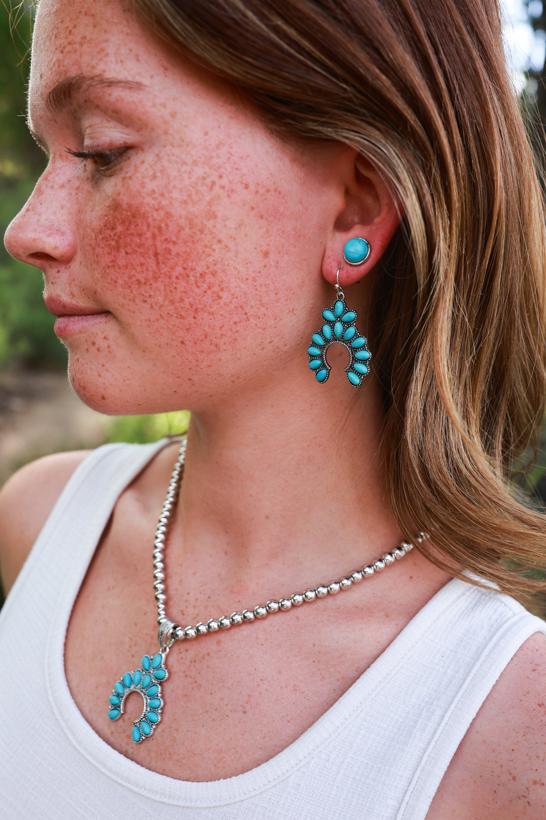 Stone Set Squash Blossom Earrings - Ivory, Turquoise and Denim Blue
