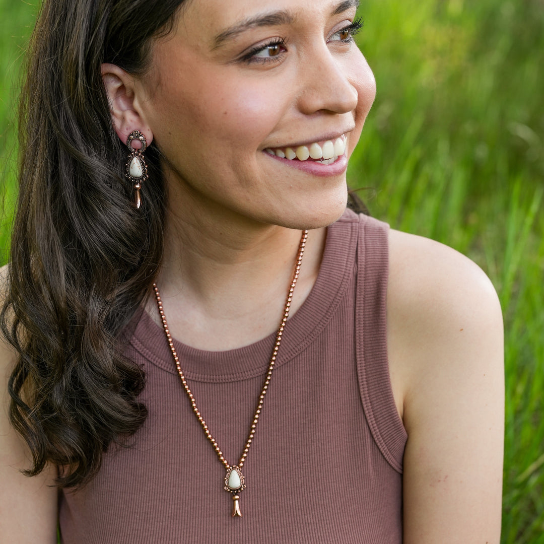 Delicate Squash Blossom Necklace on Navajo Pearls - Turquoise, Ivory or Denim Blue-Wyo-Horse