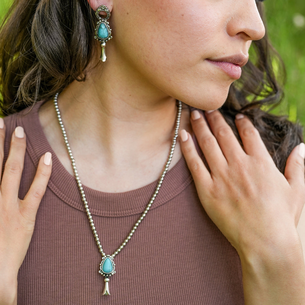 Delicate Squash Blossom Necklace on Navajo Pearls - Turquoise, Ivory or Denim Blue-Wyo-Horse
