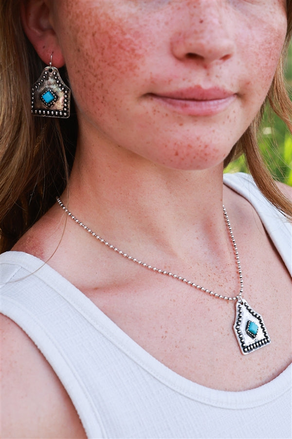 Silver Cowtag with Turquoise Diamond Earrings