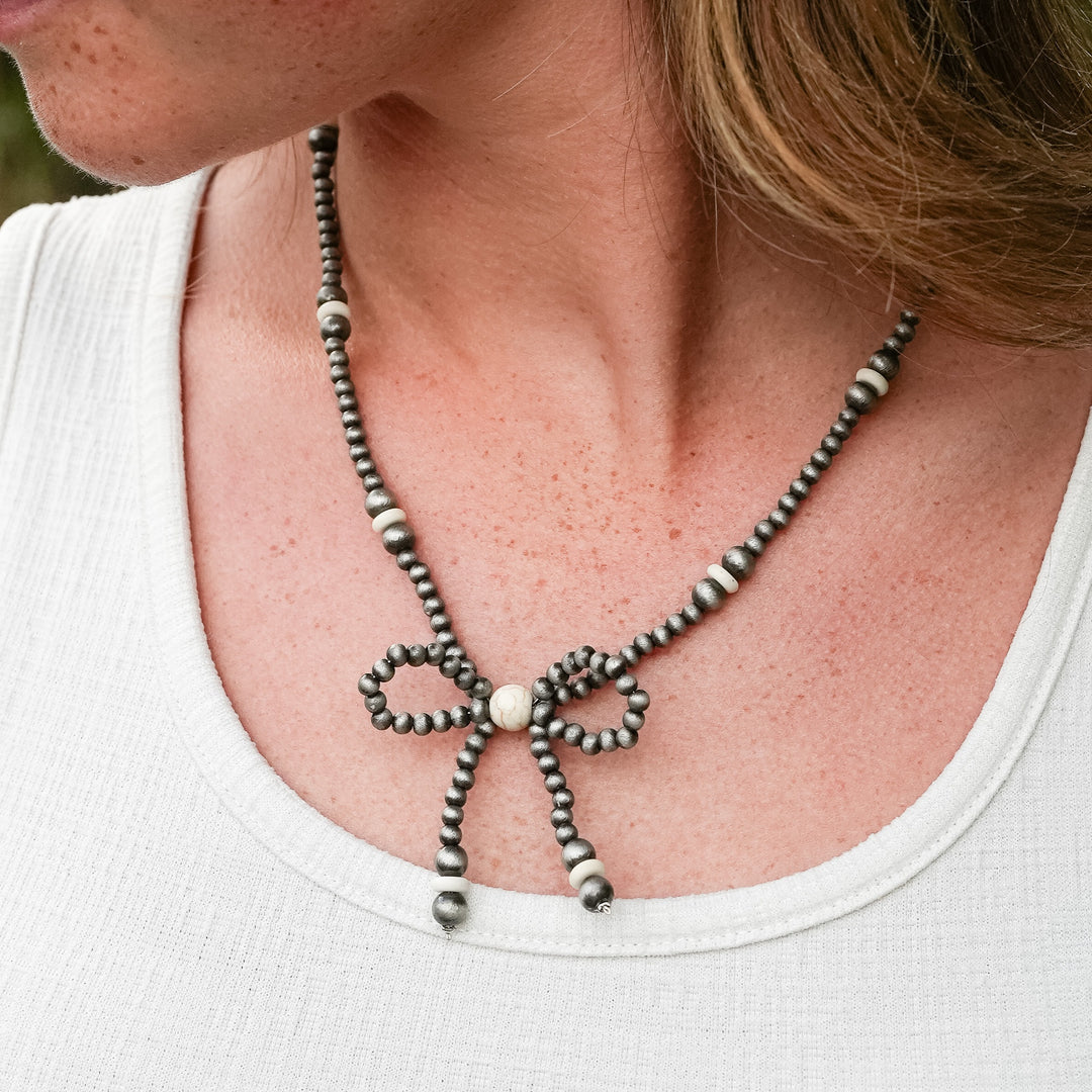 Simple Navajo Pearl and Bow Necklace - Turquoise or Ivory-Wyo-Horse