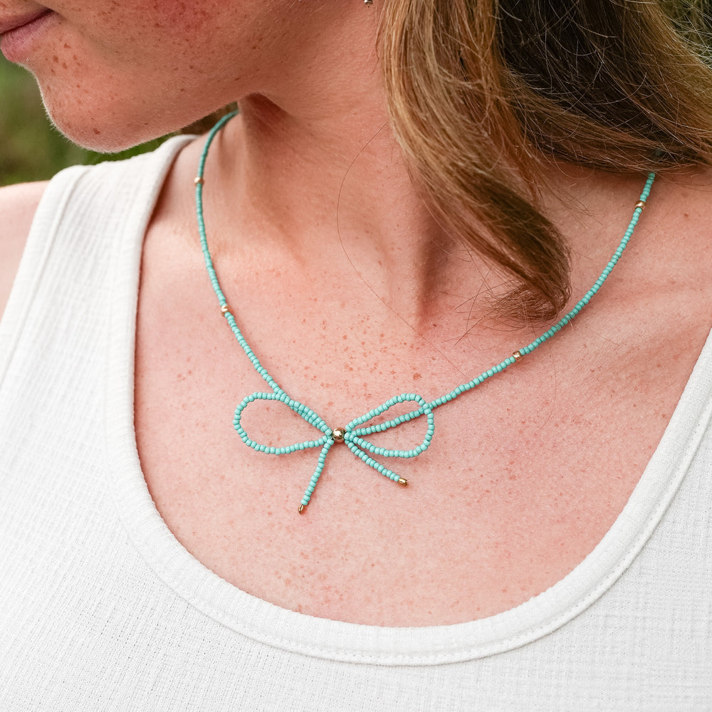 Tiniest Bead Bow String Necklace -Turquoise-Wyo-Horse