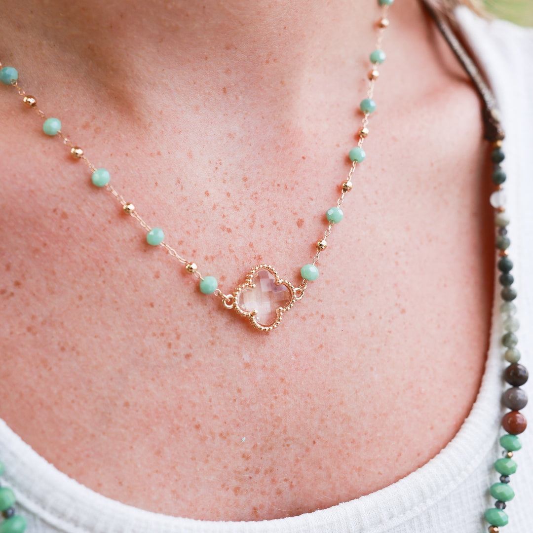 Small Rosary Clover Necklace - Gold, Mint, Grey-Wyo-Horse