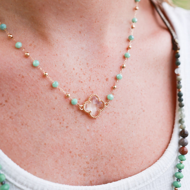 Small Rosary Clover Necklace - Gold, Mint, Grey-Wyo-Horse