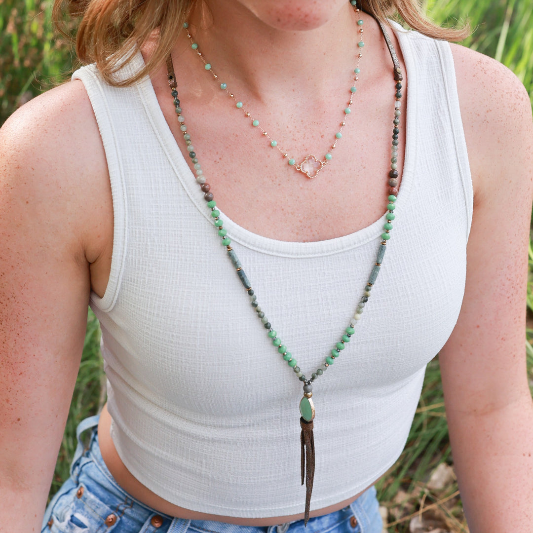 Long Faceted Glass Bead Necklace with Shiny Suede Tassel-Wyo-Horse