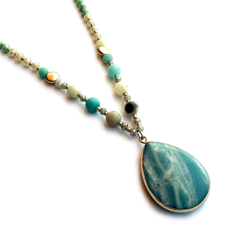 Wyo-Horse Wholesale Western Fashion Jewelry -J508-Long-Beaded-Necklace-with-Stone-Teardrop-Pendant