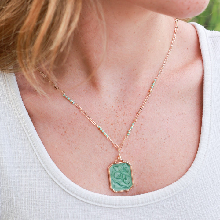 Marble Enamel Pendant and Seed Bead Chain Necklace - Black, Blue Grey, Green, or White-Wyo-Horse