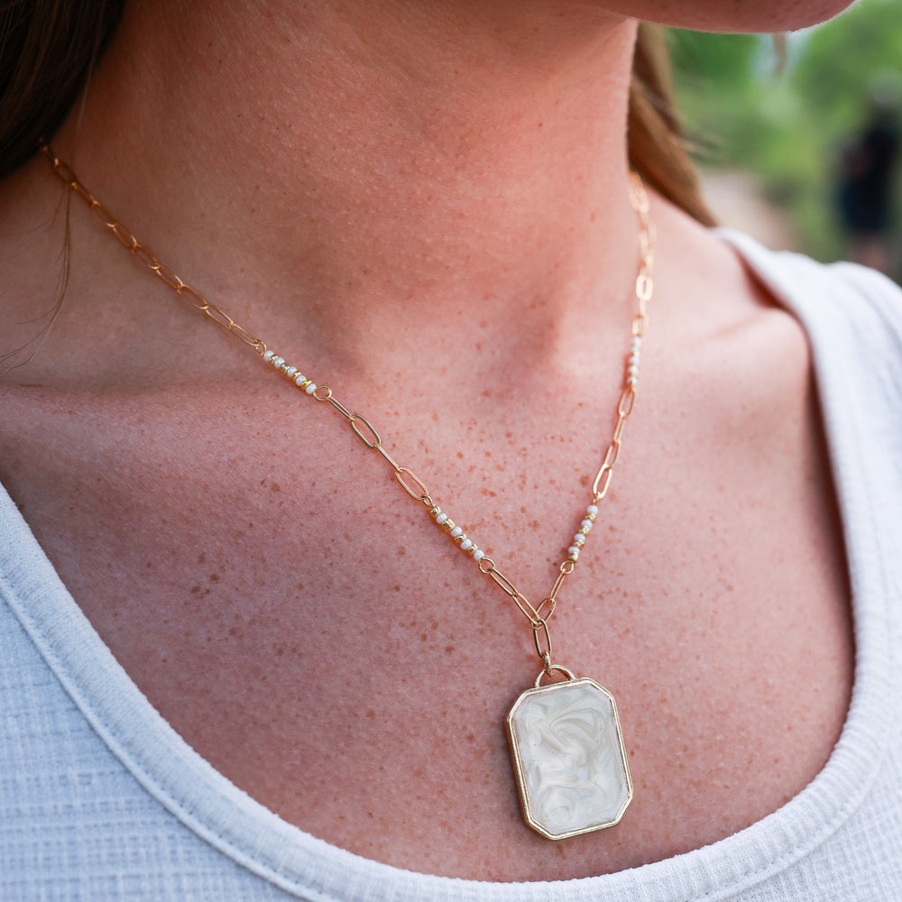 Marble Enamel Pendant and Seed Bead Chain Necklace - Black, Blue Grey, Green, or White-Wyo-Horse
