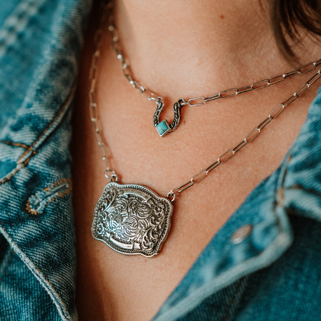 Double Necklace, Buckle and Turquoise Horseshoe - Wyo-Horse - cheap cowgirl western fashion jewelry