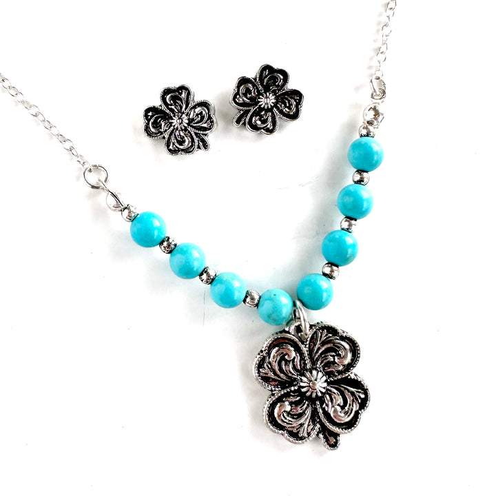 4H Shamrock Earrings and Necklace Set - Turquoise and Silver - Wyo-Horse - cheap cowgirl western fashion jewelry