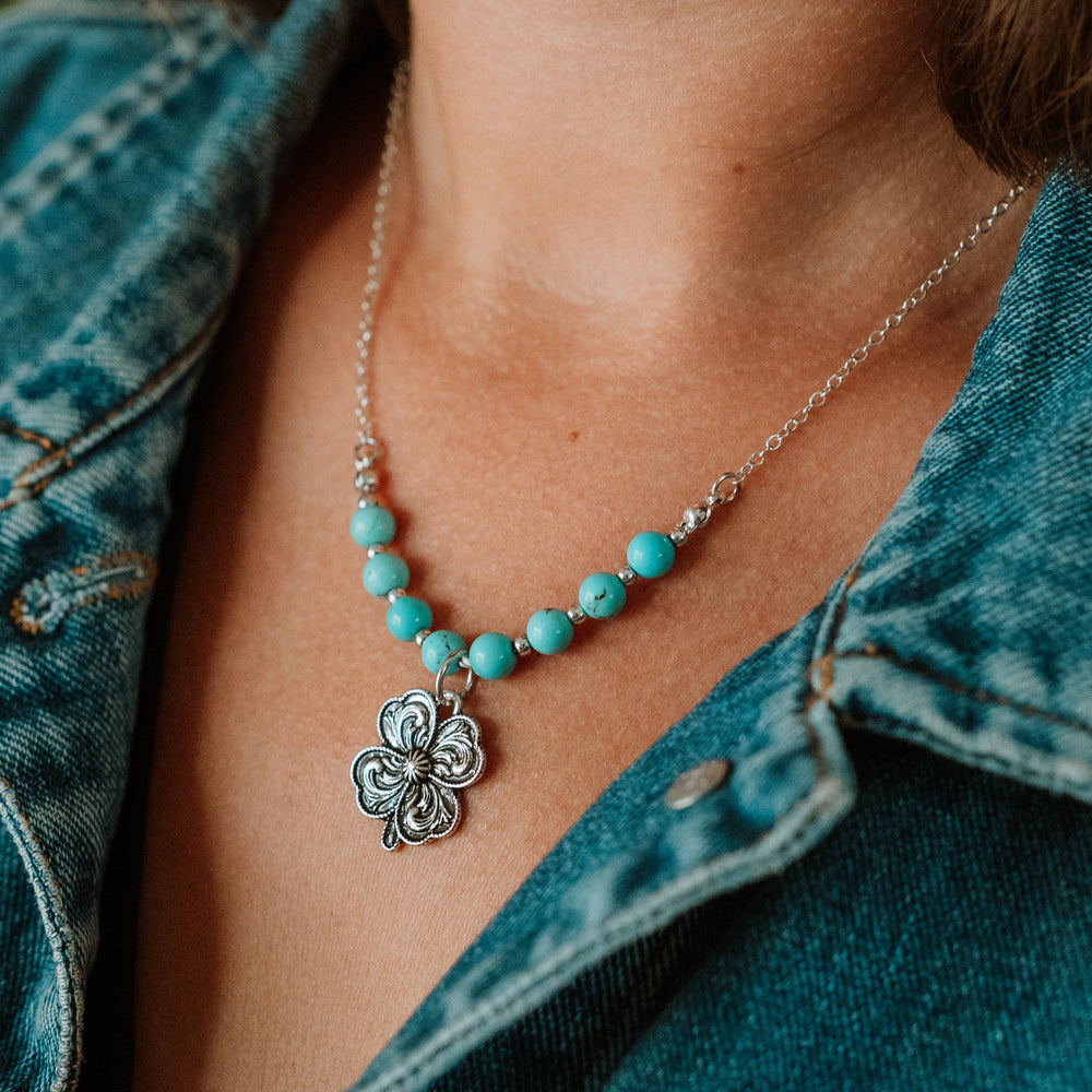 4H Shamrock Earrings and Necklace Set - Turquoise and Silver - Wyo-Horse - cheap cowgirl western fashion jewelry