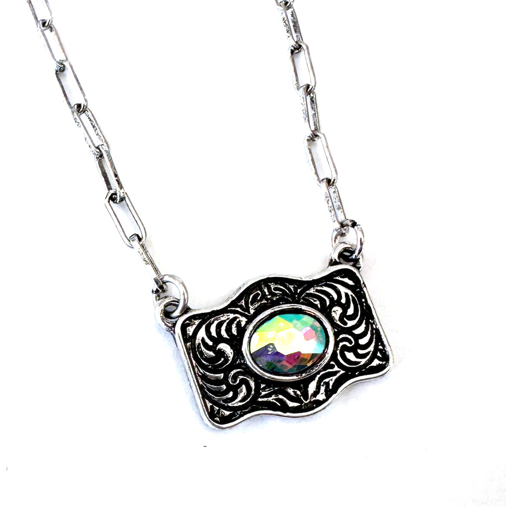 Tiny Buckle Necklace with Turquoise or AB Stone - Wyo-Horse - cheap cowgirl western fashion jewelry