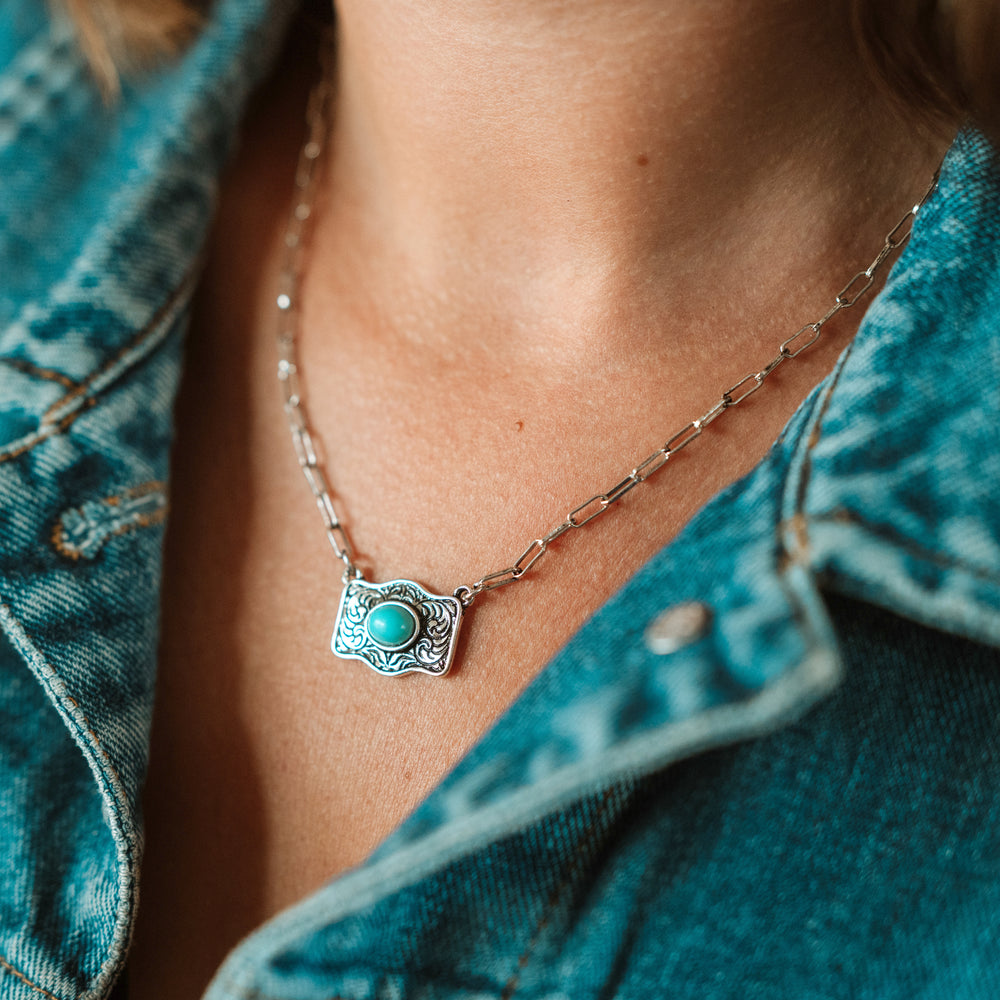 Tiny Buckle Necklace with Turquoise or AB Stone - Wyo-Horse - cheap cowgirl western fashion jewelry
