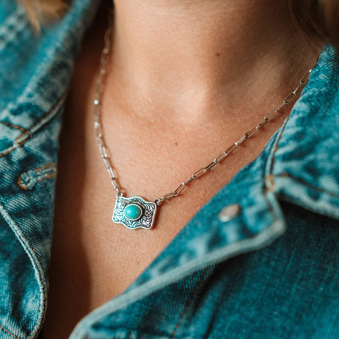 Tiny Buckle Necklace with Turquoise or AB Stone - Wyo-Horse - cheap cowgirl western fashion jewelry