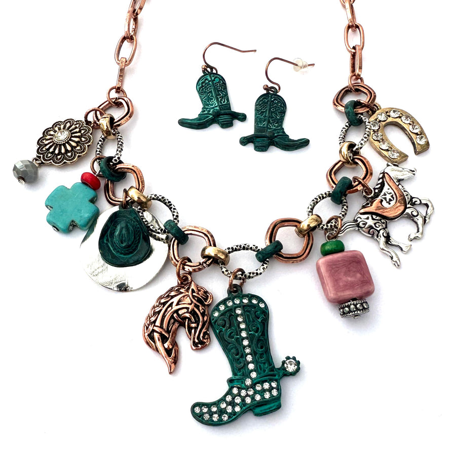 Cowboy Boot and Western Charm Necklace - Three-Tone - Wyo-Horse - cheap cowgirl western fashion jewelry