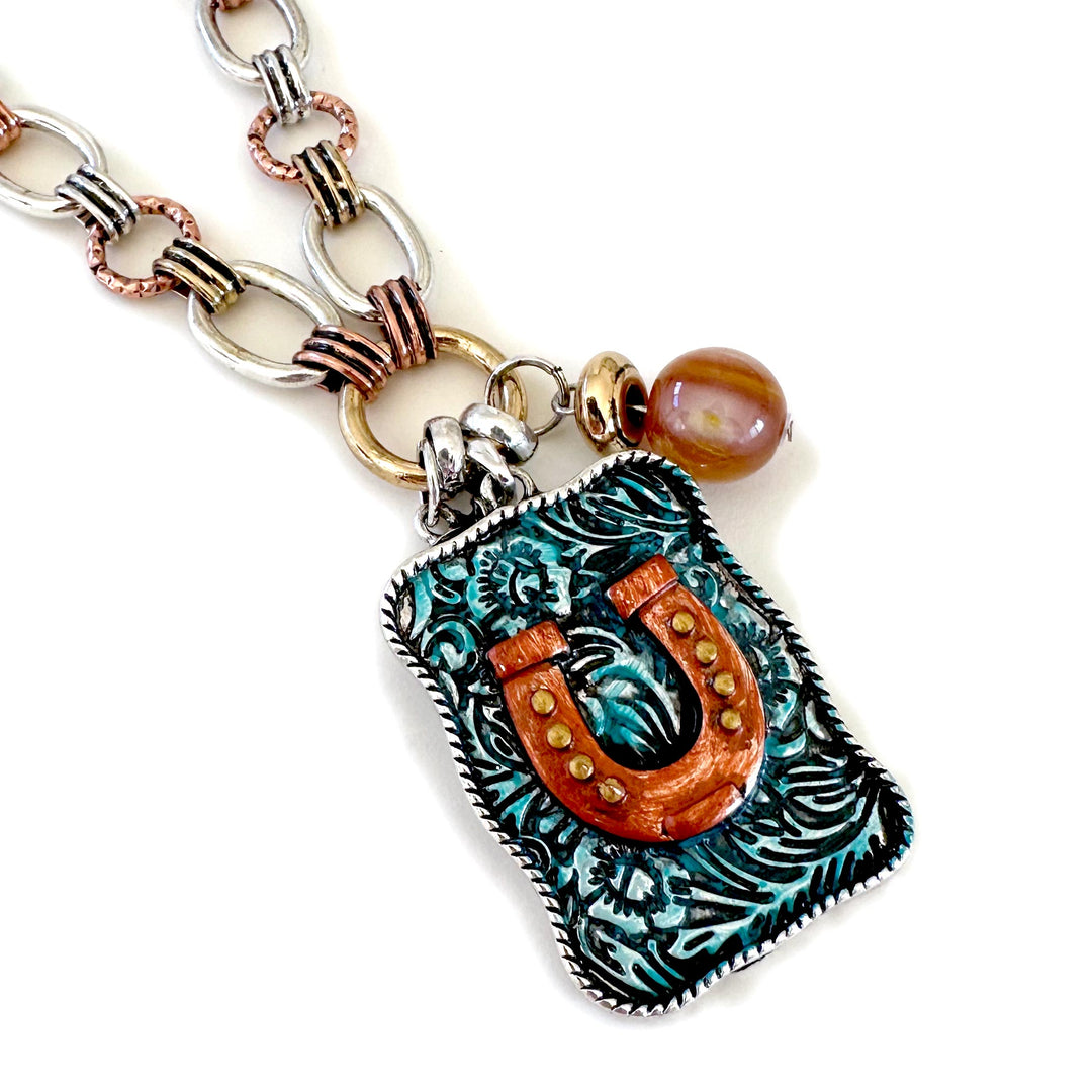 Painted Horseshoe Pendant on Wide Link Chain - Patina or Silver - Wyo-Horse - cheap cowgirl western fashion jewelry