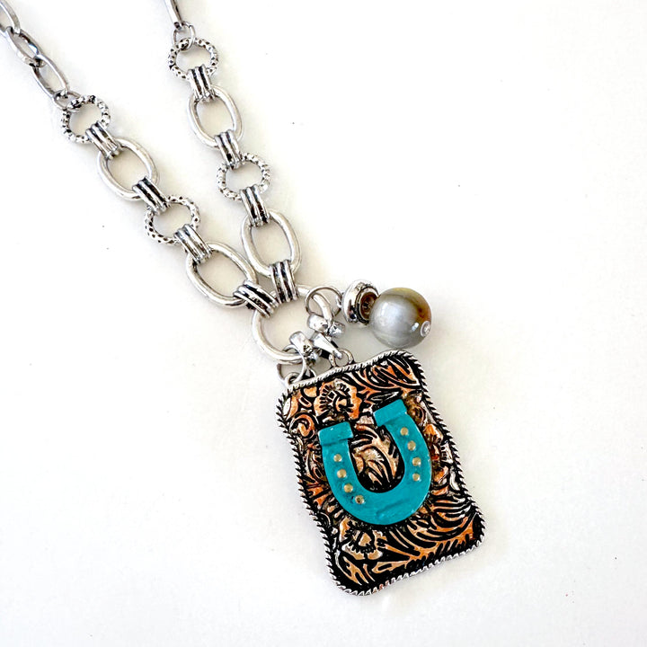 Painted Horseshoe Pendant on Wide Link Chain - Patina or Silver - Wyo-Horse - cheap cowgirl western fashion jewelry