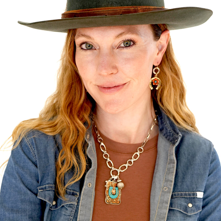 Painted Horseshoe Pendant on Wide Link Chain - Patina or Silver - Wyo-Horse - cheap cowgirl western fashion jewelry
