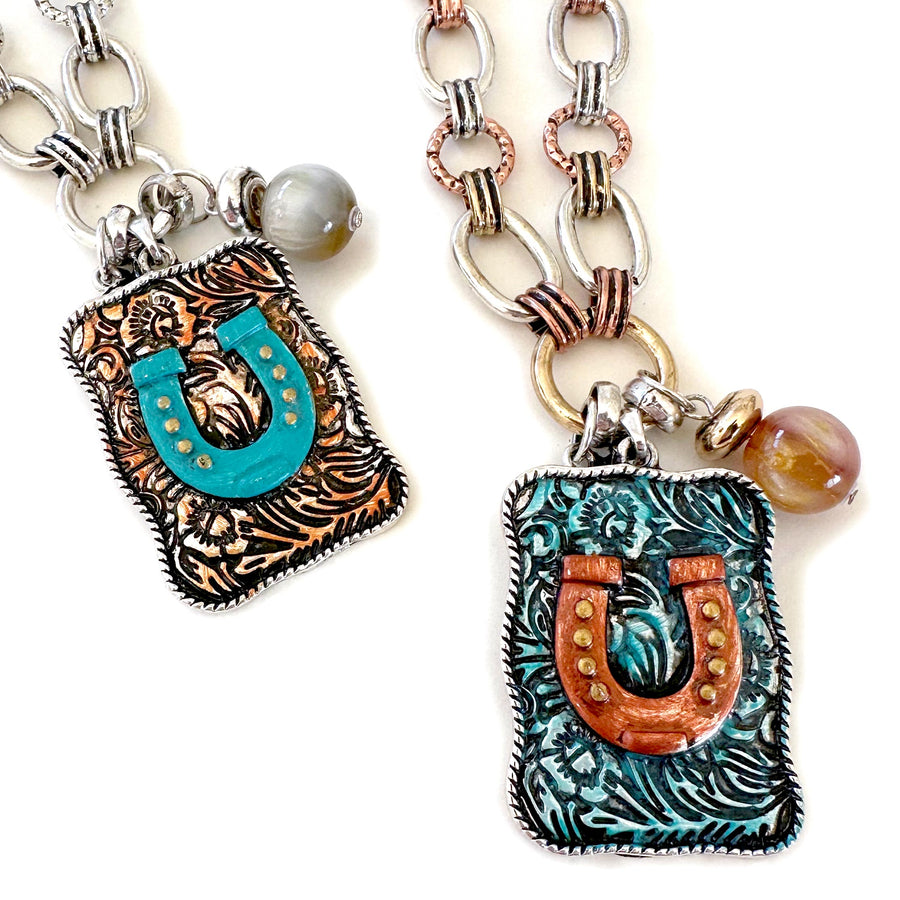 Painted Horseshoe Pendant on Wide Link Chain - Patina or Silver - Wyo-Horse - cheap cowgirl western fashion jewelry