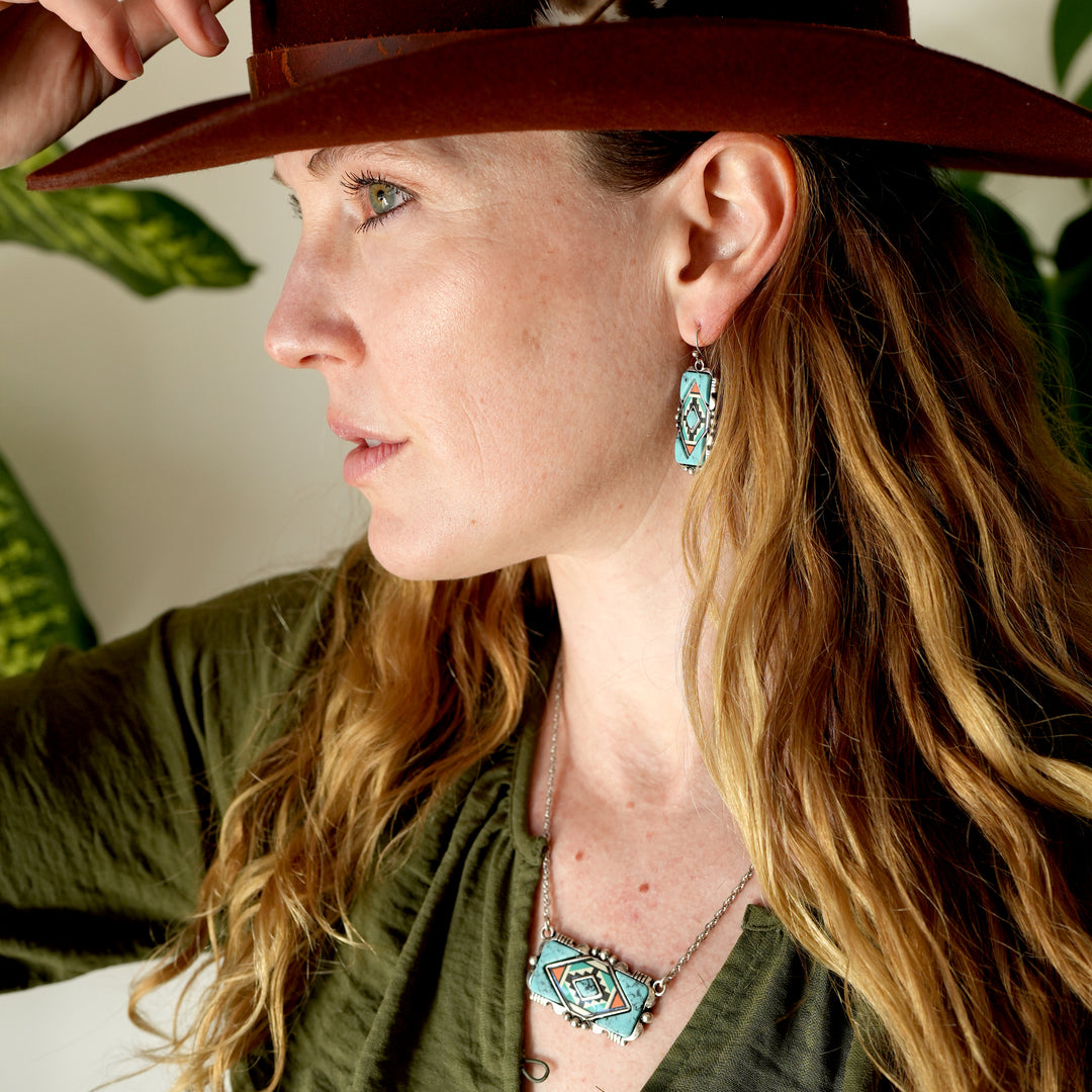 Silversmith Turquoise Inlayed Pattern Earrings - Wyo-Horse - cheap cowgirl western fashion jewelry