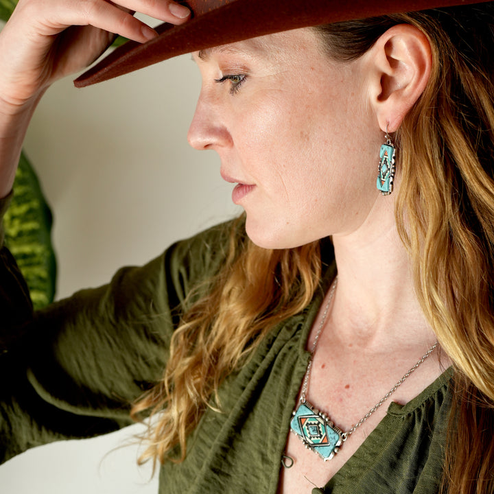 Silversmith Turquoise Inlayed Pattern Earrings - Wyo-Horse - cheap cowgirl western fashion jewelry