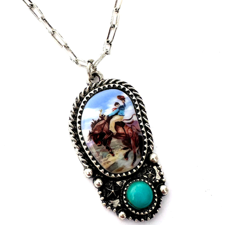 Rodeo Bucking Horse Illustrated Necklace - Wyo-Horse - cheap cowgirl western fashion jewelry