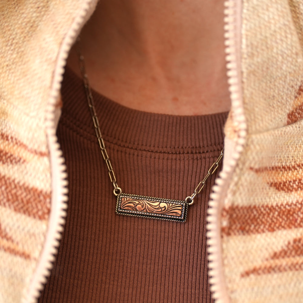 Two-Tone Tooled Bar Necklace - Copper - Wyo-Horse - cheap cowgirl western fashion jewelry