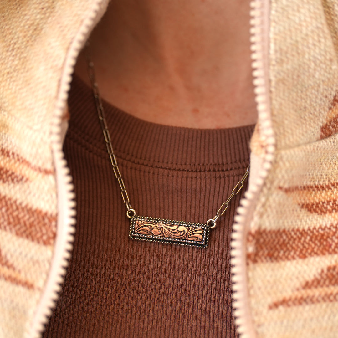Two-Tone Tooled Bar Necklace - Copper - Wyo-Horse - cheap cowgirl western fashion jewelry
