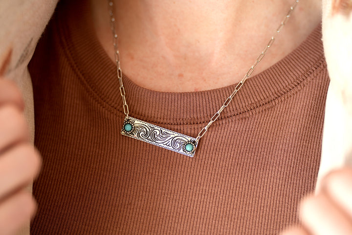 Western Etched Turquoise Bar Necklace - Silver - Wyo-Horse - cheap cowgirl western fashion jewelry