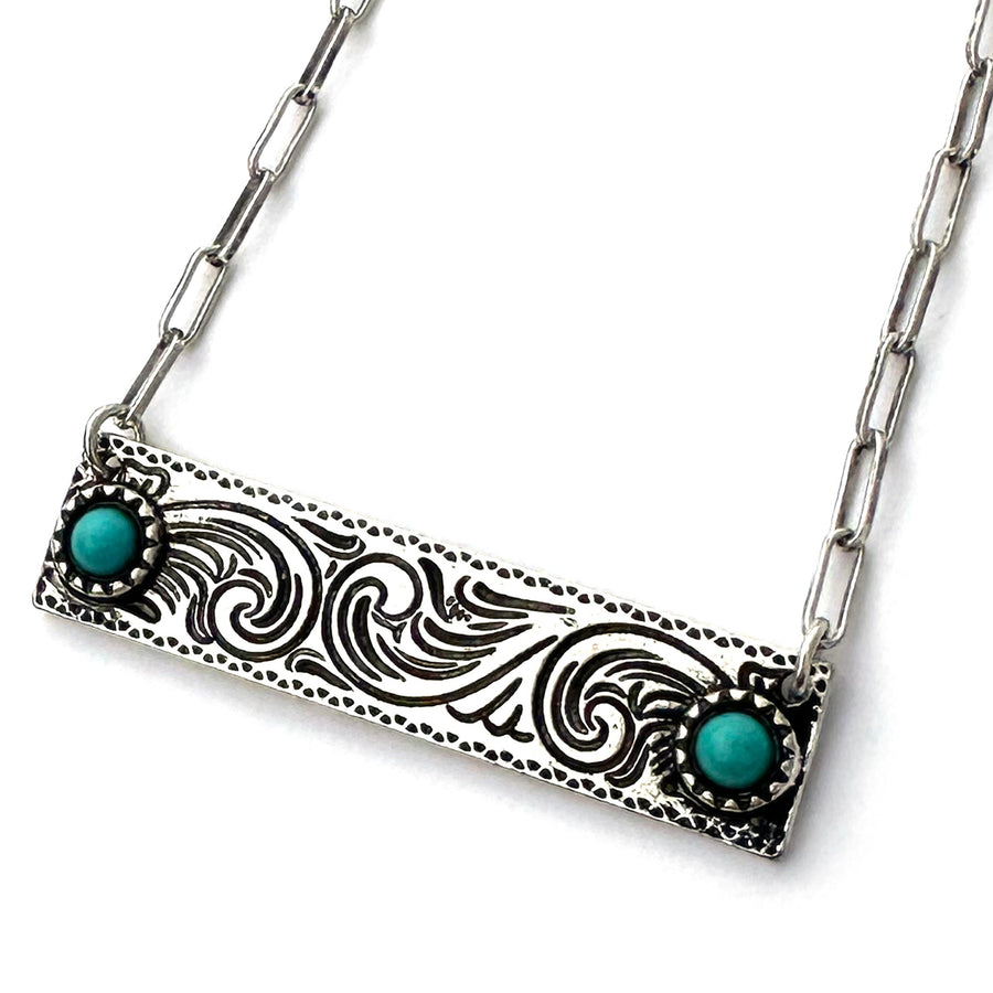 Western Etched Turquoise Bar Necklace - Silver - Wyo-Horse - cheap cowgirl western fashion jewelry