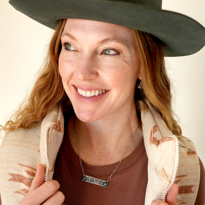 Western Etched Turquoise Bar Necklace - Silver - Wyo-Horse - cheap cowgirl western fashion jewelry