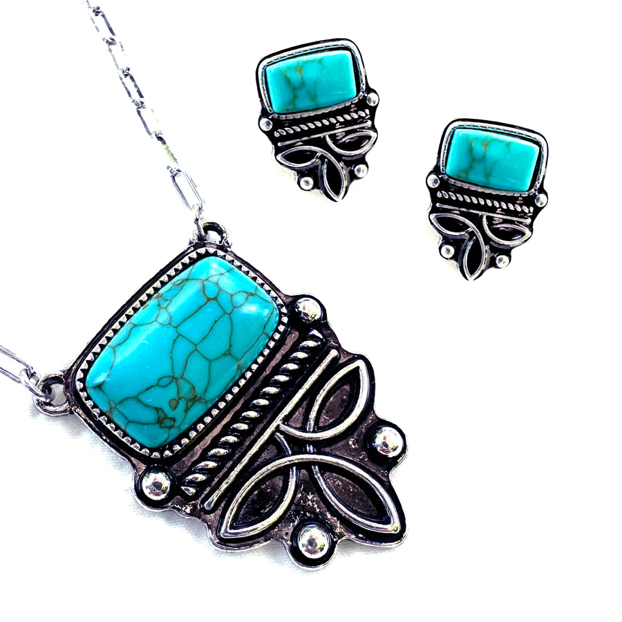 Square Turquoise and Silver Boot Stitch Double Neckace and Earring Set - Wyo-Horse - cheap cowgirl western fashion jewelry