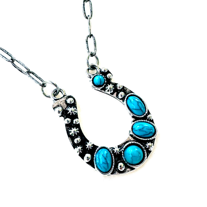 Turquoise Stoned Horseshoe Necklace - Wyo-Horse - cheap cowgirl western fashion jewelry