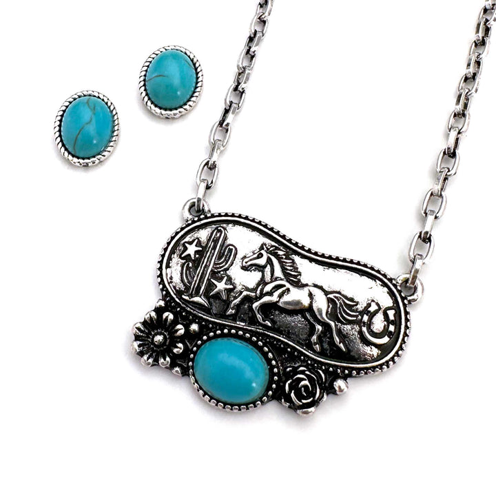 Traditional Western Running Horse Scene Buckle Necklace Set - Wyo-Horse - cheap cowgirl western fashion jewelry