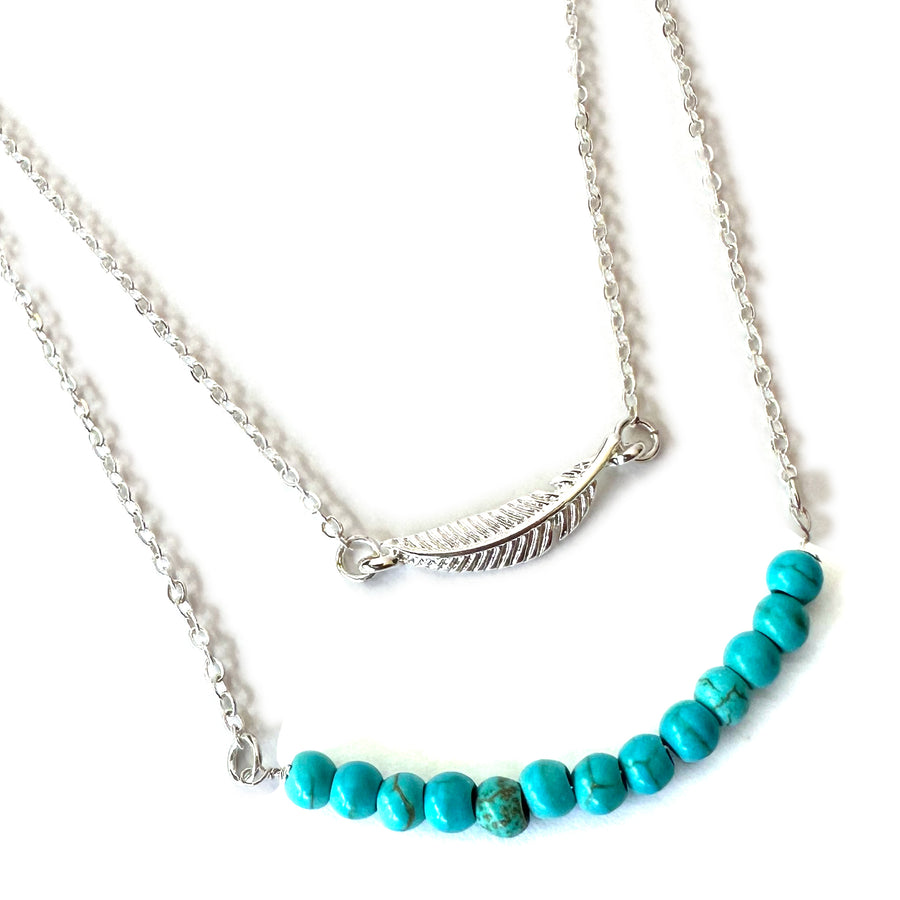 Delicate Feather Layered Small Bead Necklace Silver/Turquoise - Wyo-Horse - cheap cowgirl western fashion jewelry