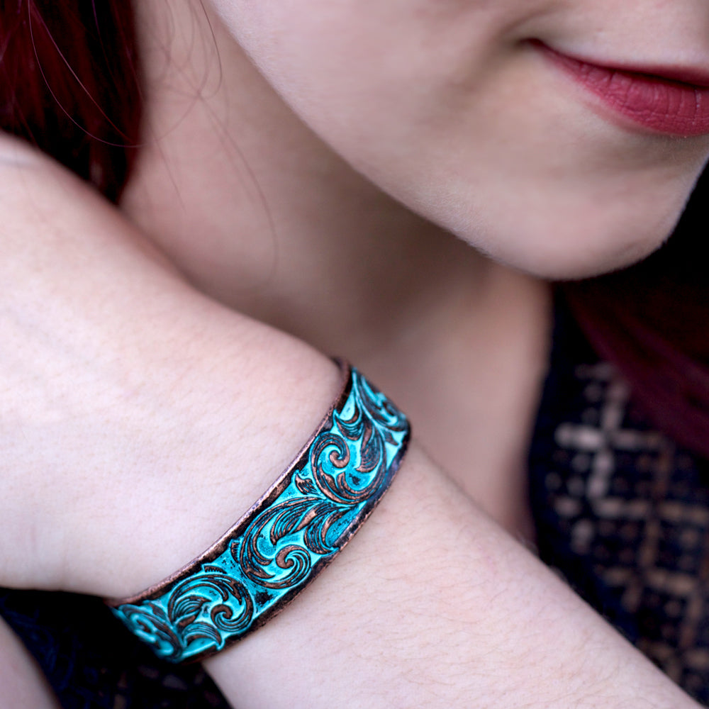 Thin Tooled Cuff Bracelet - Copper, Silver or Patina-Wyo-Horse