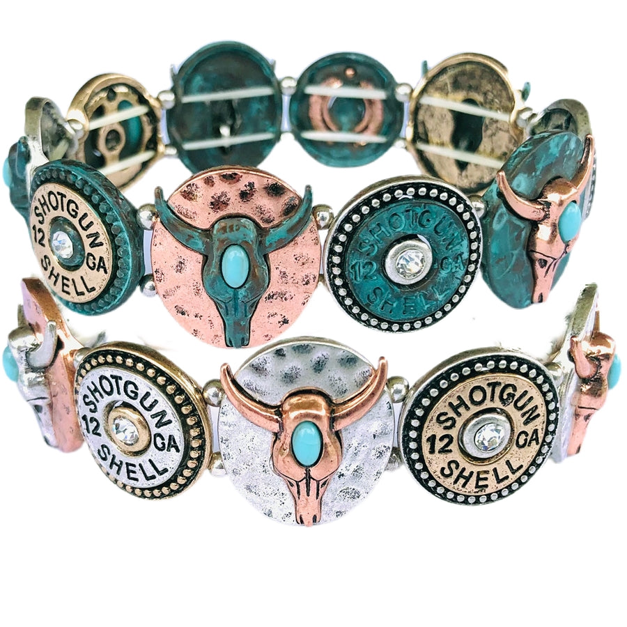 Wyo-Horse Wholesale Western Fashion Jewelry -JB306-Steer-Skull-and-Shotgun-Shell-Stretch-Brac