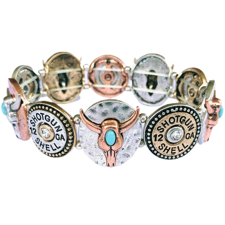 Wyo-Horse Wholesale Western Fashion Jewelry -JB306-Steer-Skull-and-Shotgun-Shell-Stretch-Brac