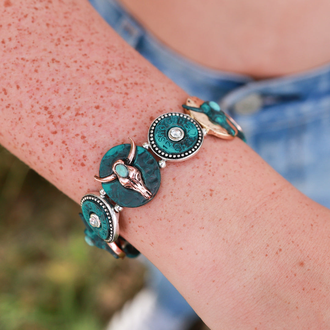 Steer Skull and Shotgun Shell Stretch Bracelet - Patina or Three-tone-Wyo-Horse
