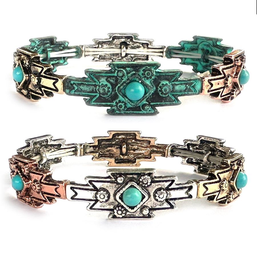 Thin Navajo Woven Stretch Bracelet - Three-Tone or Patina-Wyo-Horse