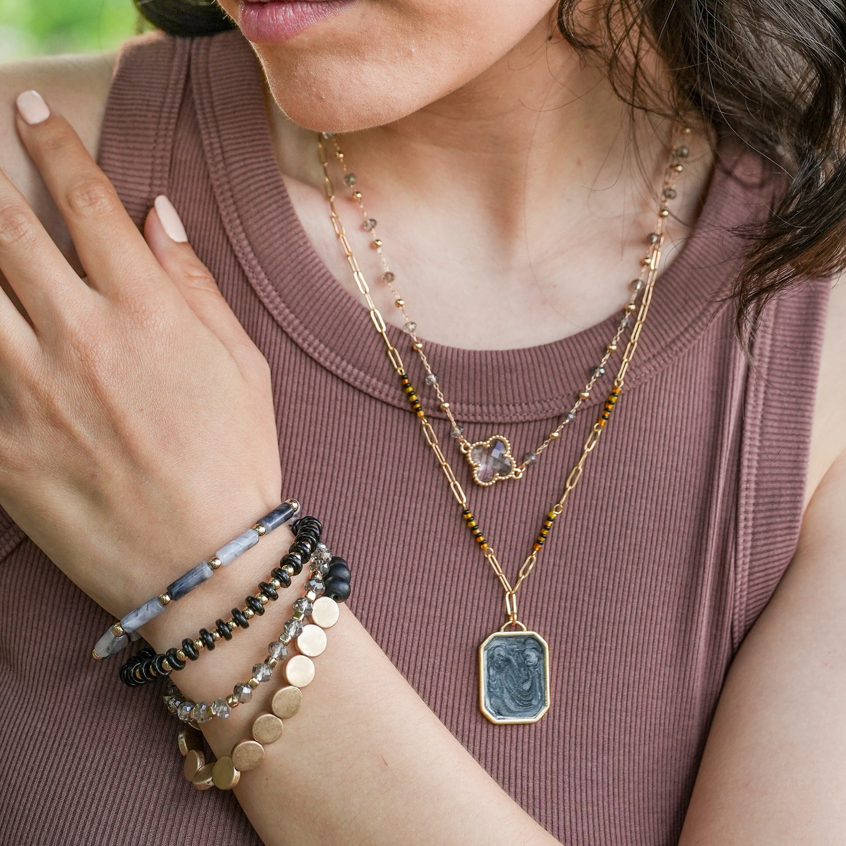 Marble Enamel Pendant and Seed Bead Chain Necklace - Black, Blue Grey, Green, or White-Wyo-Horse